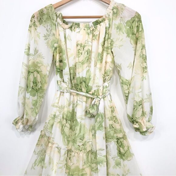 Flying Tomato Cream Green Floral Off Shoulder Flowy Tiered Belted Maxi Dress - Picture 7 of 16